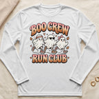 White long-sleeve shirt with "Boo Crew Run Club" and three running ghosts graphic.
