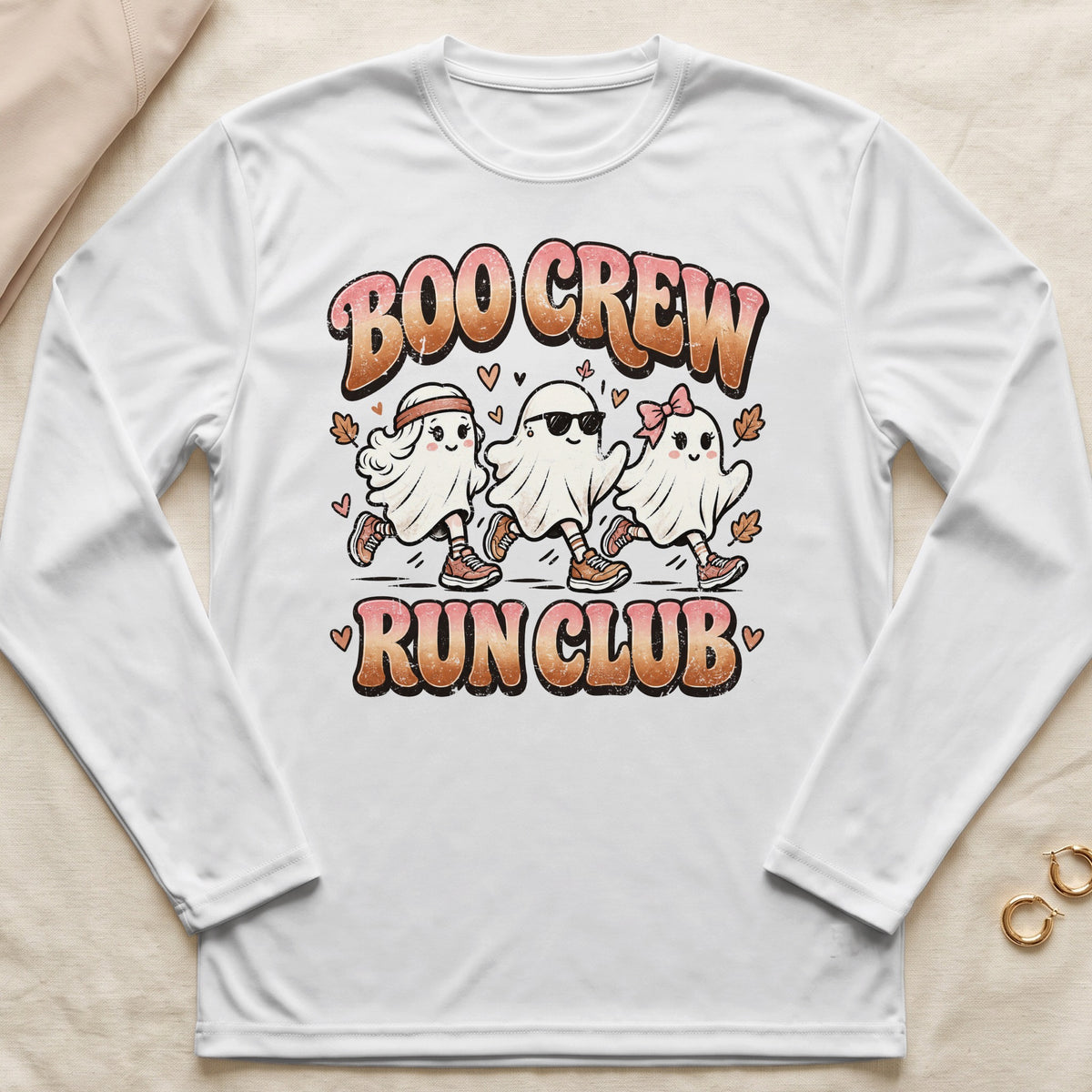 White long-sleeve shirt with "Boo Crew Run Club" and three running ghosts graphic.