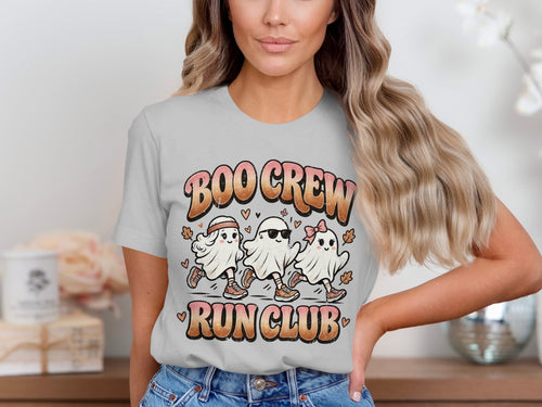 Three cartoon ghosts run with text "BOO CREW RUN CLUB".
