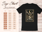 Black unisex short sleeve tee with "The Long Run" graphic and size chart.