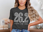 Dark grey t-shirt with white text "26.2 custom city * 2026".