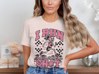 T-shirt with skeleton runner graphic and text "I RUN So I Don't Lose My SH*T".