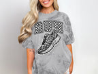 Grey tie-dye t-shirt with checkered "RUN" text and a checkered shoe graphic.