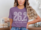 Purple t-shirt with "26.2 custom city * 2026" in white lettering.