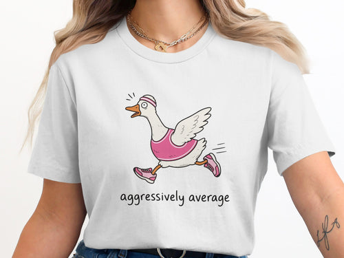 Cartoon goose wearing running gear with text "aggressively average".