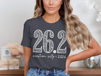 Dark gray t-shirt with white "26.2" and "custom city 2026" text.