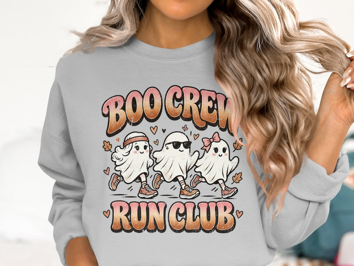 Three cartoon ghosts running with text "BOO CREW RUN CLUB" in retro font.