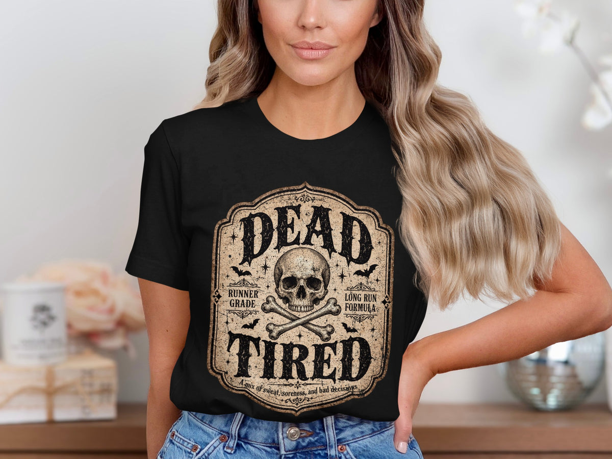 Black t-shirt with "DEAD TIRED" and skull graphic.