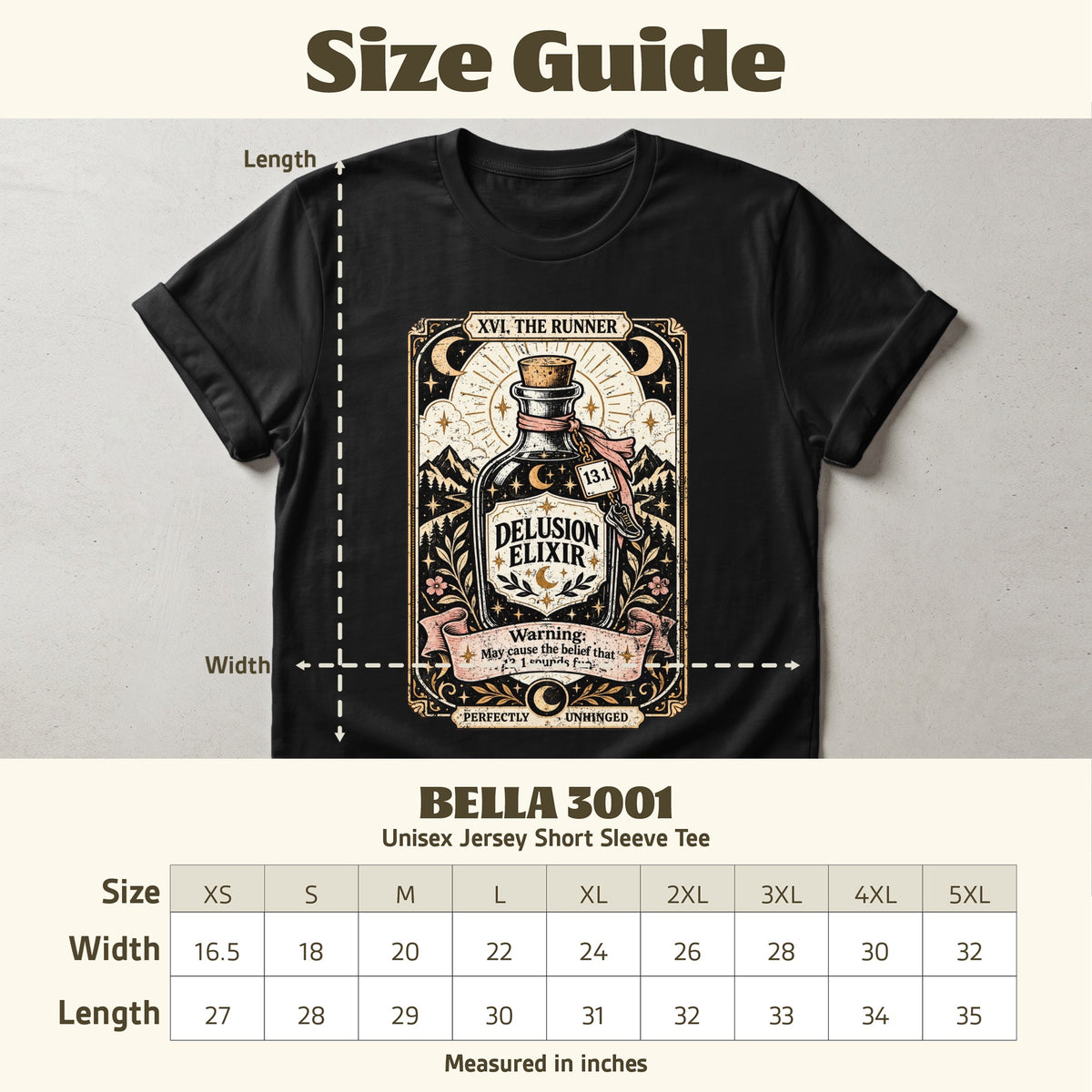 BELLA 3001 unisex tee size guide showing width and length measurements in inches.
