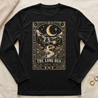 Black long-sleeve shirt with "The Long Run" graphic featuring a runner and celestial mountain landscape.