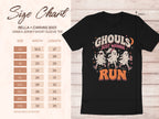 Black Bella + Canvas 3001 tee with "Ghouls Just Wanna Run" ghost graphic and size chart.