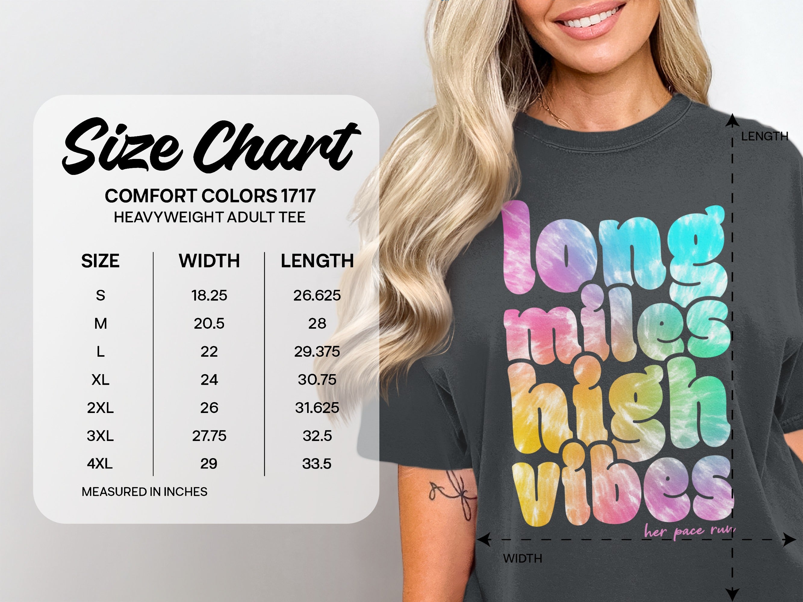Comfort Colors 1717 size chart for heavyweight adult tee with "long miles high vibes" graphic.