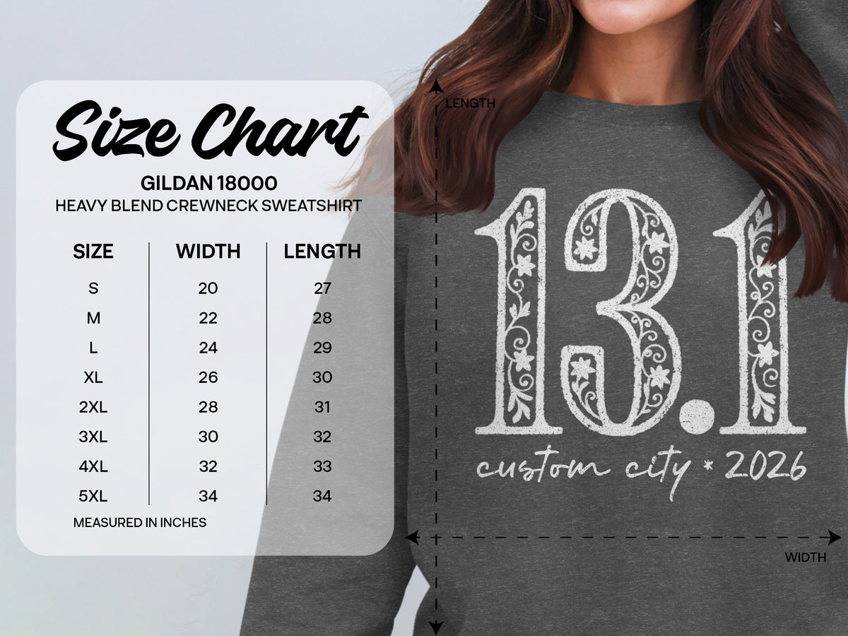 Gildan 18000 size chart for crewneck sweatshirt with 13.1 design.