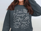 Dark grey sweatshirt with white graphic text and running icons.