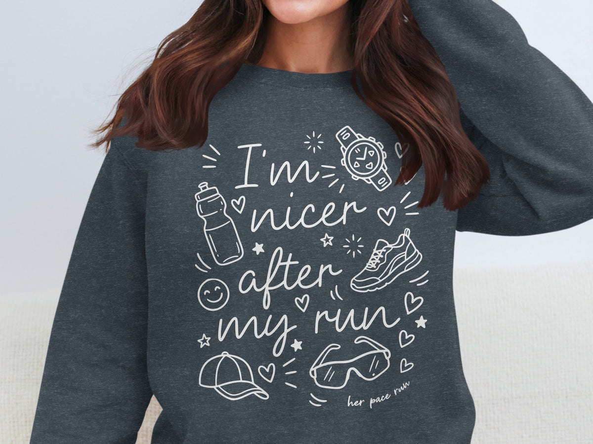 Dark grey sweatshirt with white graphic text and running icons.