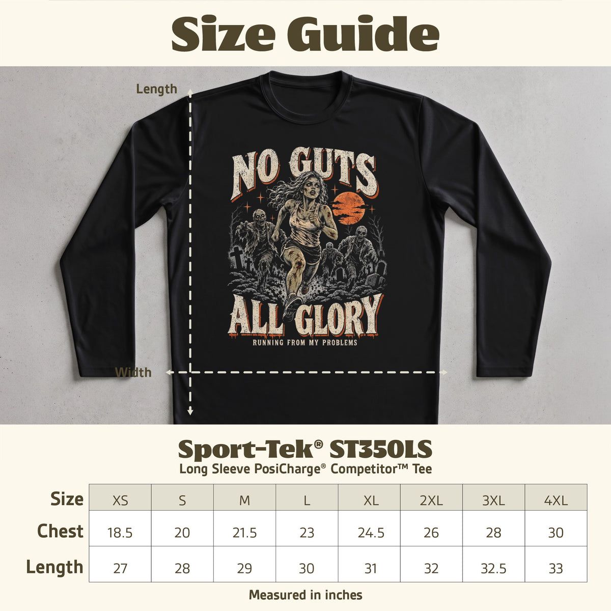 Size guide for Sport-Tek ST350LS long sleeve tee, measured in inches.
