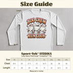 White long sleeve tee with "Boo Crew Run Club" ghosts graphic and size guide chart.