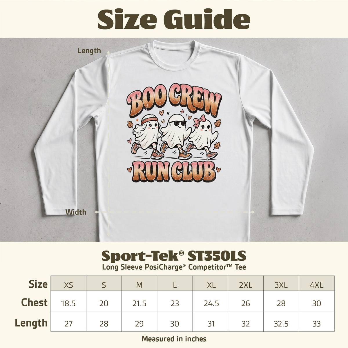 White long sleeve tee with "Boo Crew Run Club" ghosts graphic and size guide chart.