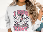 White sweatshirt with a running skeleton graphic and text "I RUN So I Don't Lose My SH*T".
