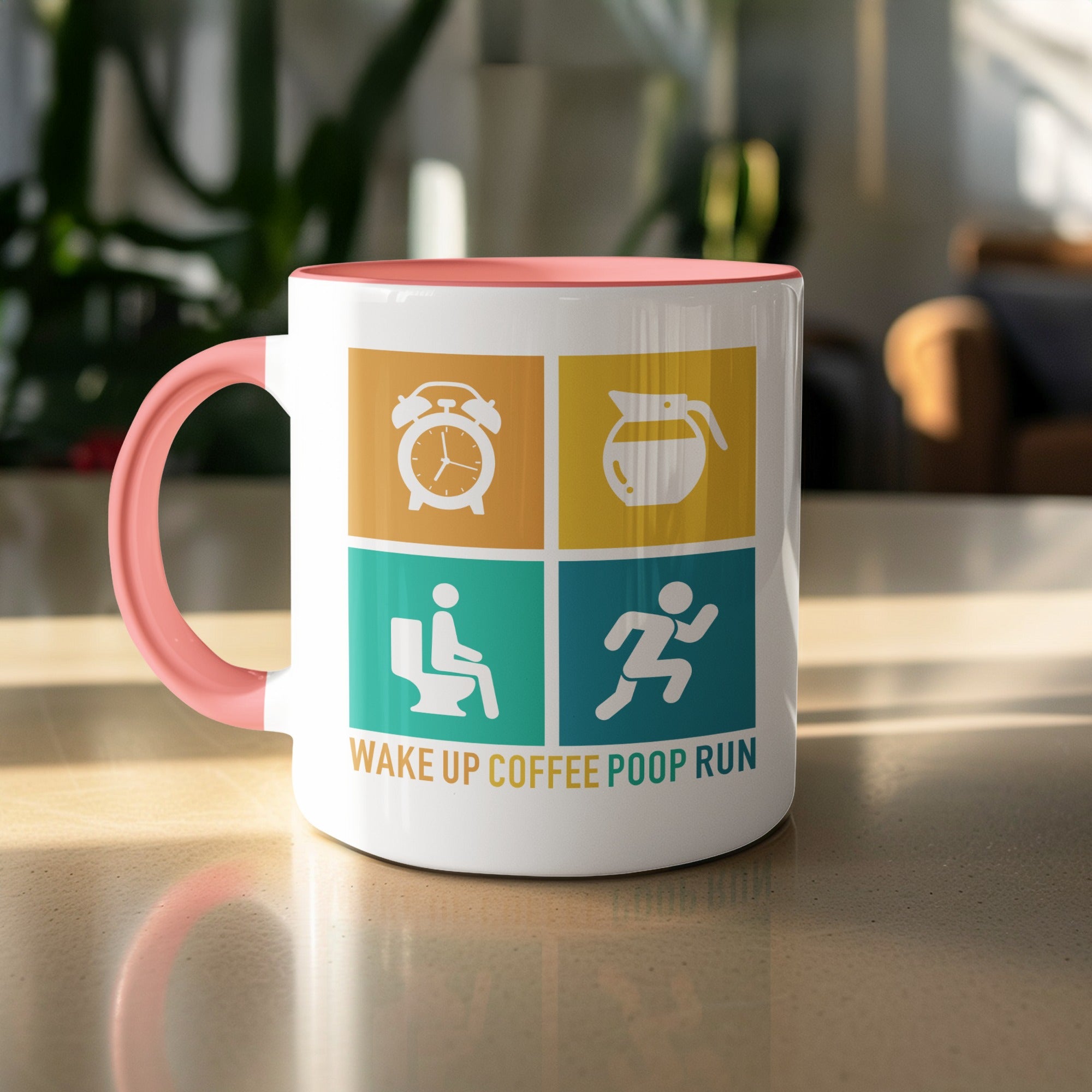 White mug with pink handle and graphic of alarm clock, coffee pot, toilet, runner.
