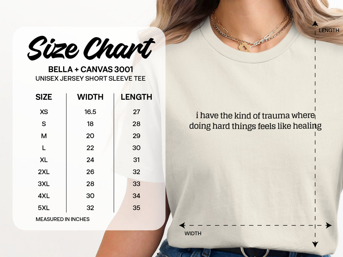 Unisex tee size chart with width and length measurements in inches.