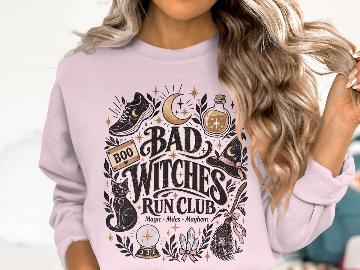 Graphic of "Bad Witches Run Club" with spooky and magical elements.