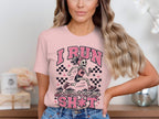 Skeleton runner graphic with text "I RUN So I Don't Lose My SH*T" on pink shirt.