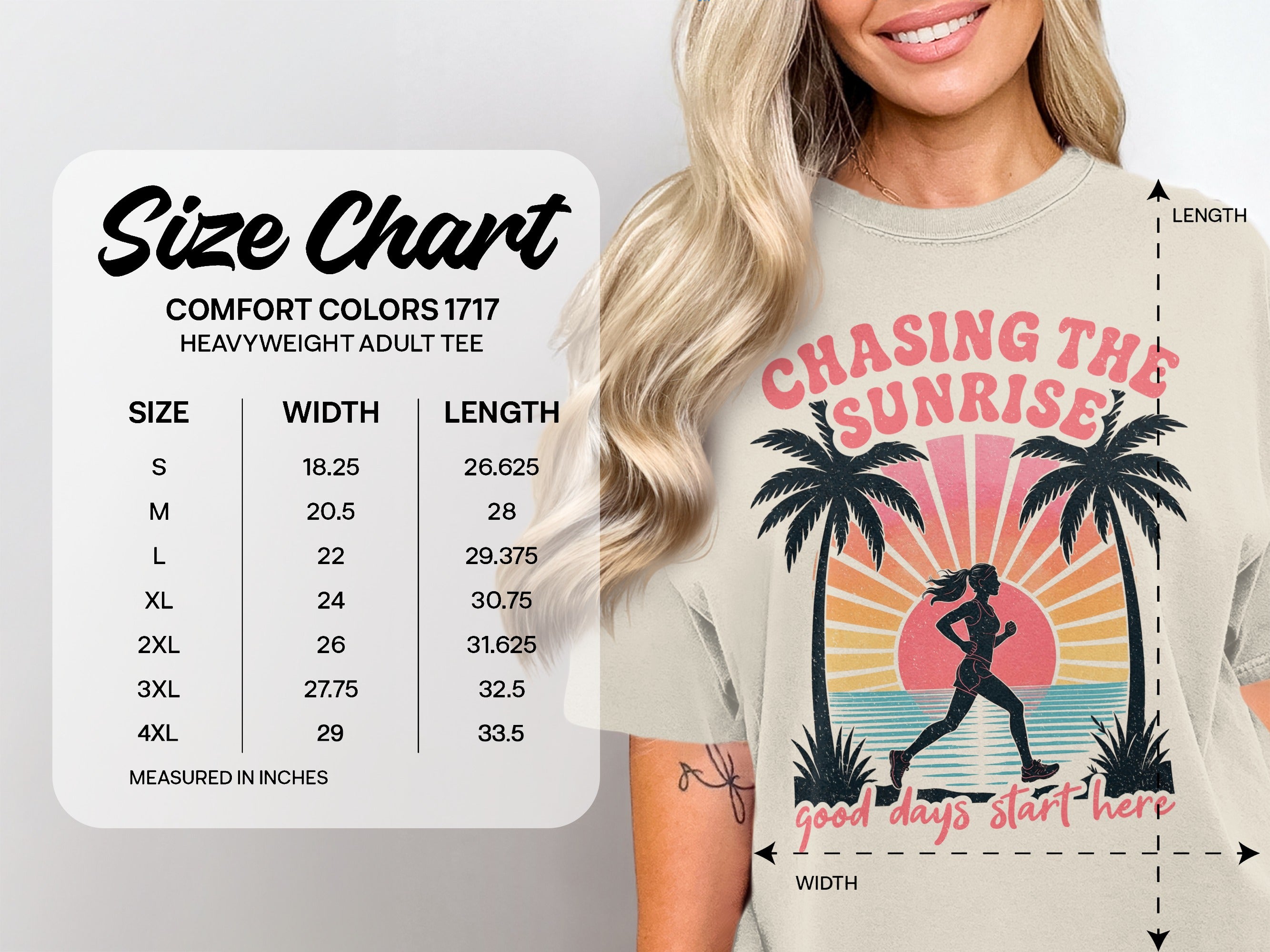 Comfort Colors 1717 size chart with measurements for heavyweight adult tees.