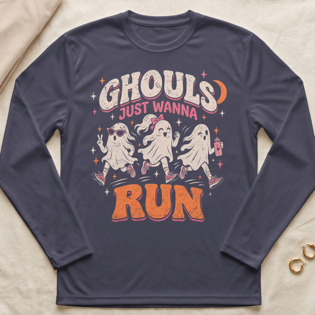 Three cartoon ghosts running with the text "GHOULS JUST WANNA RUN".