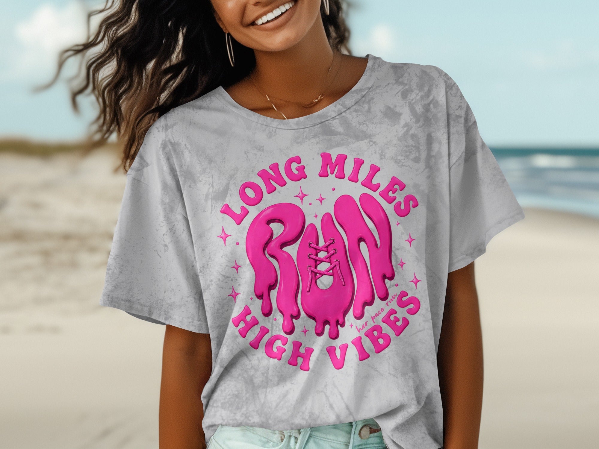 Grey tie-dye t-shirt with pink "LONG MILES RUN HIGH VIBES" text.