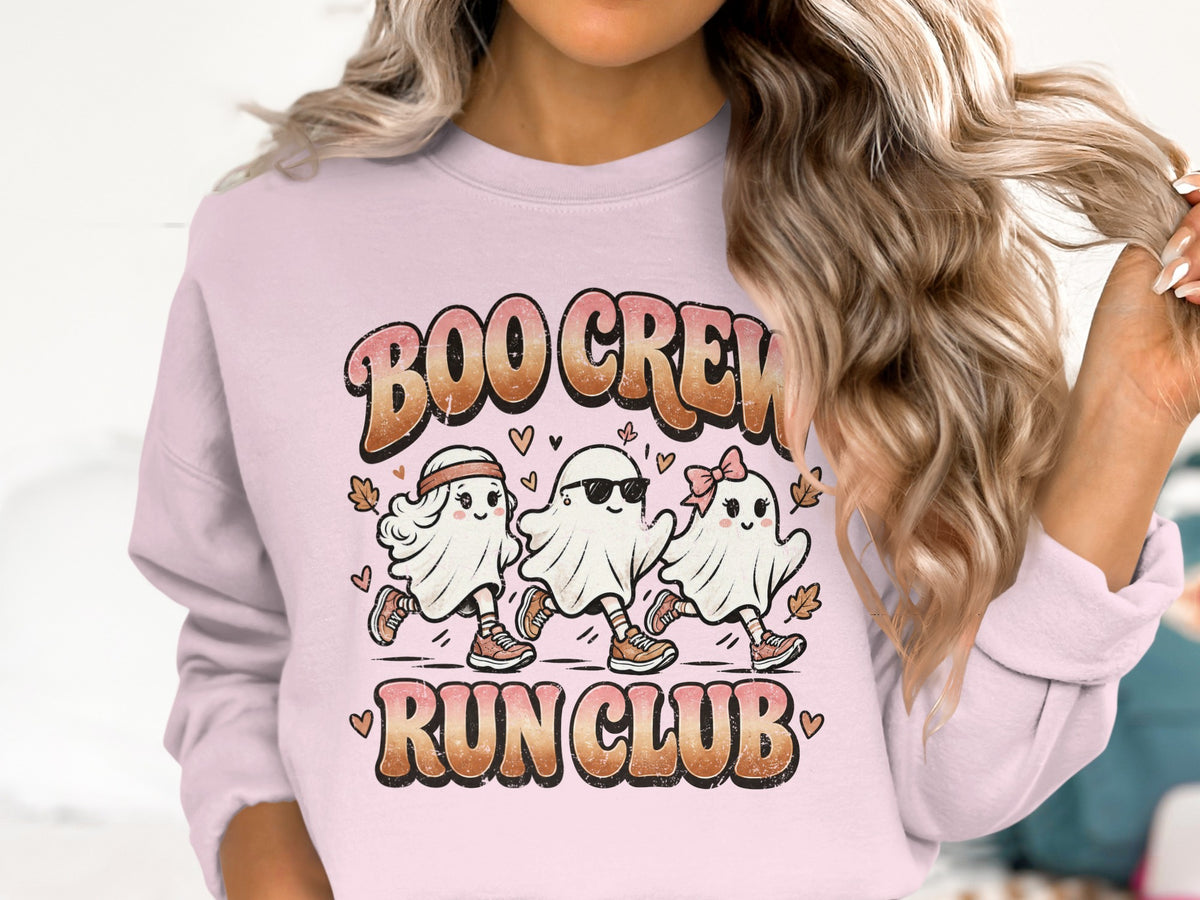 Graphic of three ghosts running, reading "Boo Crew Run Club."