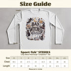 Sport-Tek ST350LS long sleeve tee with "Bad Witches Run Club" graphic and size chart.