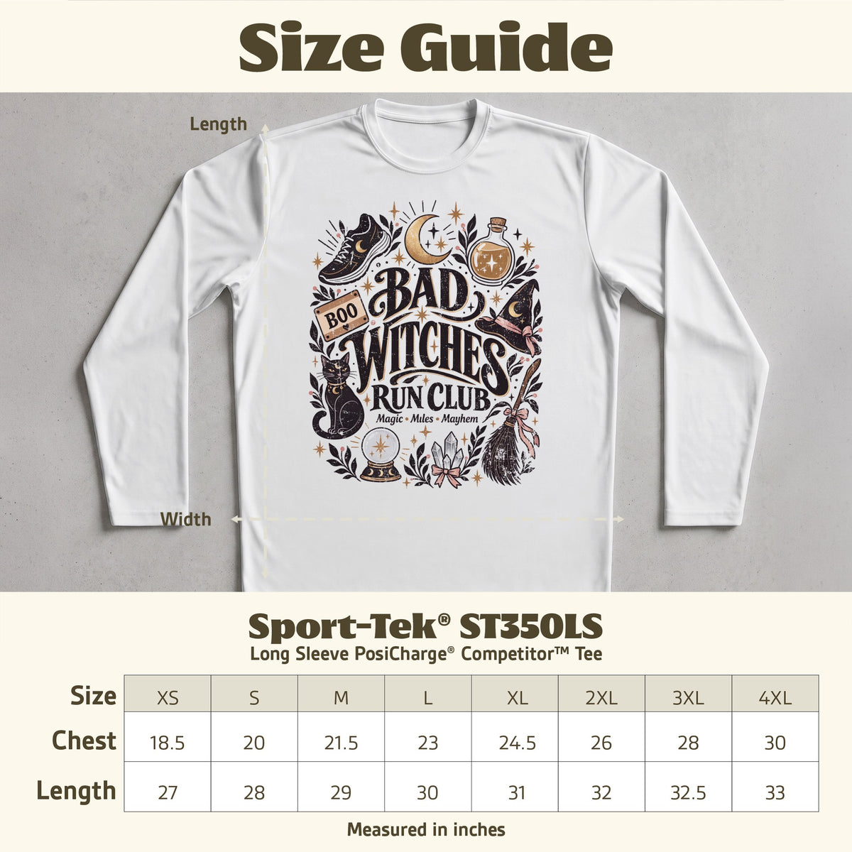 Sport-Tek ST350LS long sleeve tee with "Bad Witches Run Club" graphic and size chart.