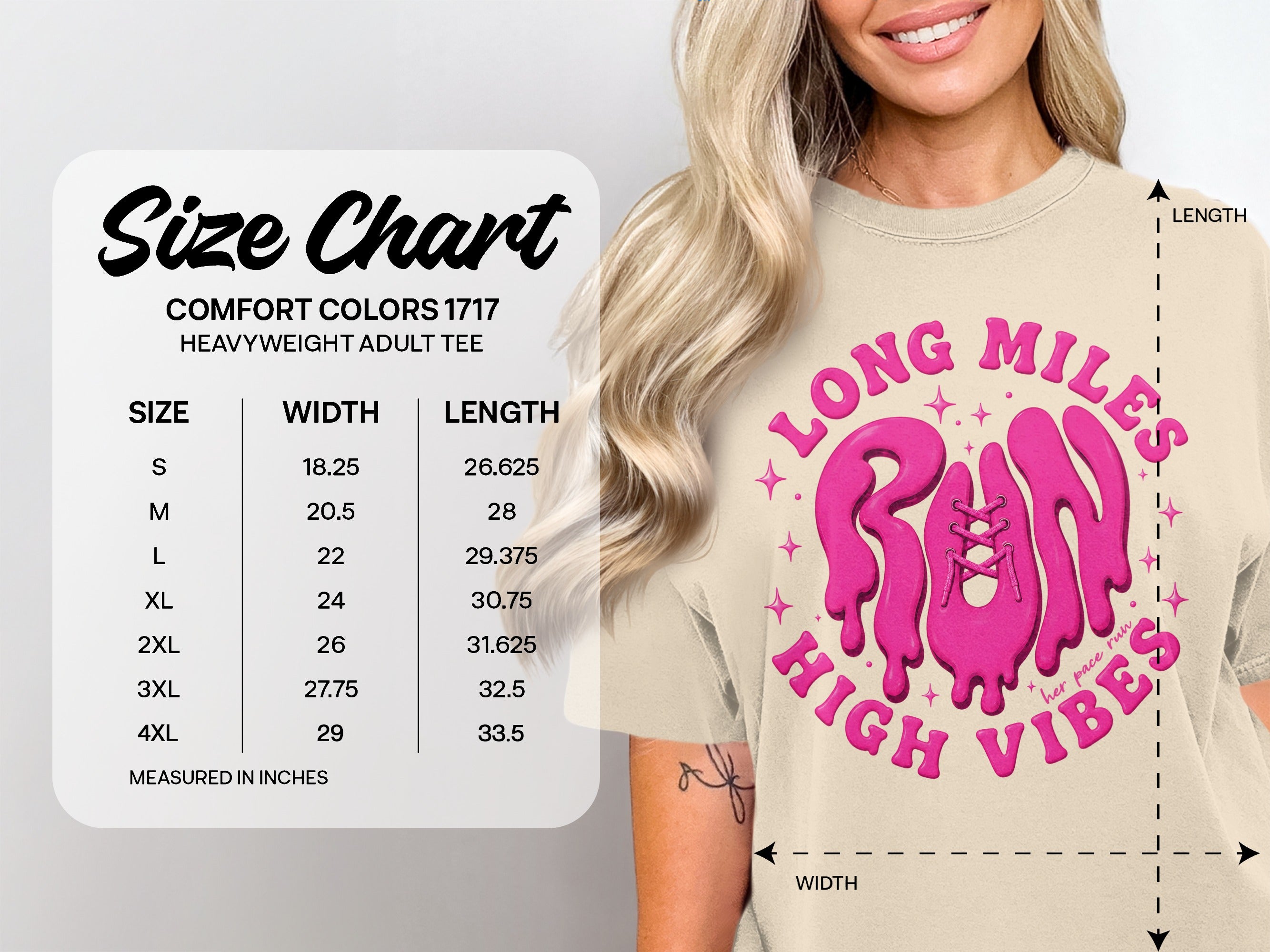 Comfort Colors 1717 size chart for heavyweight adult tees, showing width and length measurements.