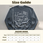 Gildan 18000 sweatshirt size guide with measurements in inches.