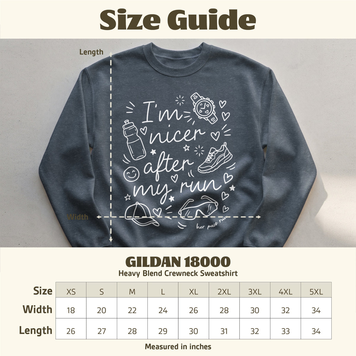 Gildan 18000 sweatshirt size guide with measurements in inches.