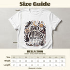 White BELLA+CANVAS 3001 t-shirt with "Bad Witches Run Club" graphic and size chart.