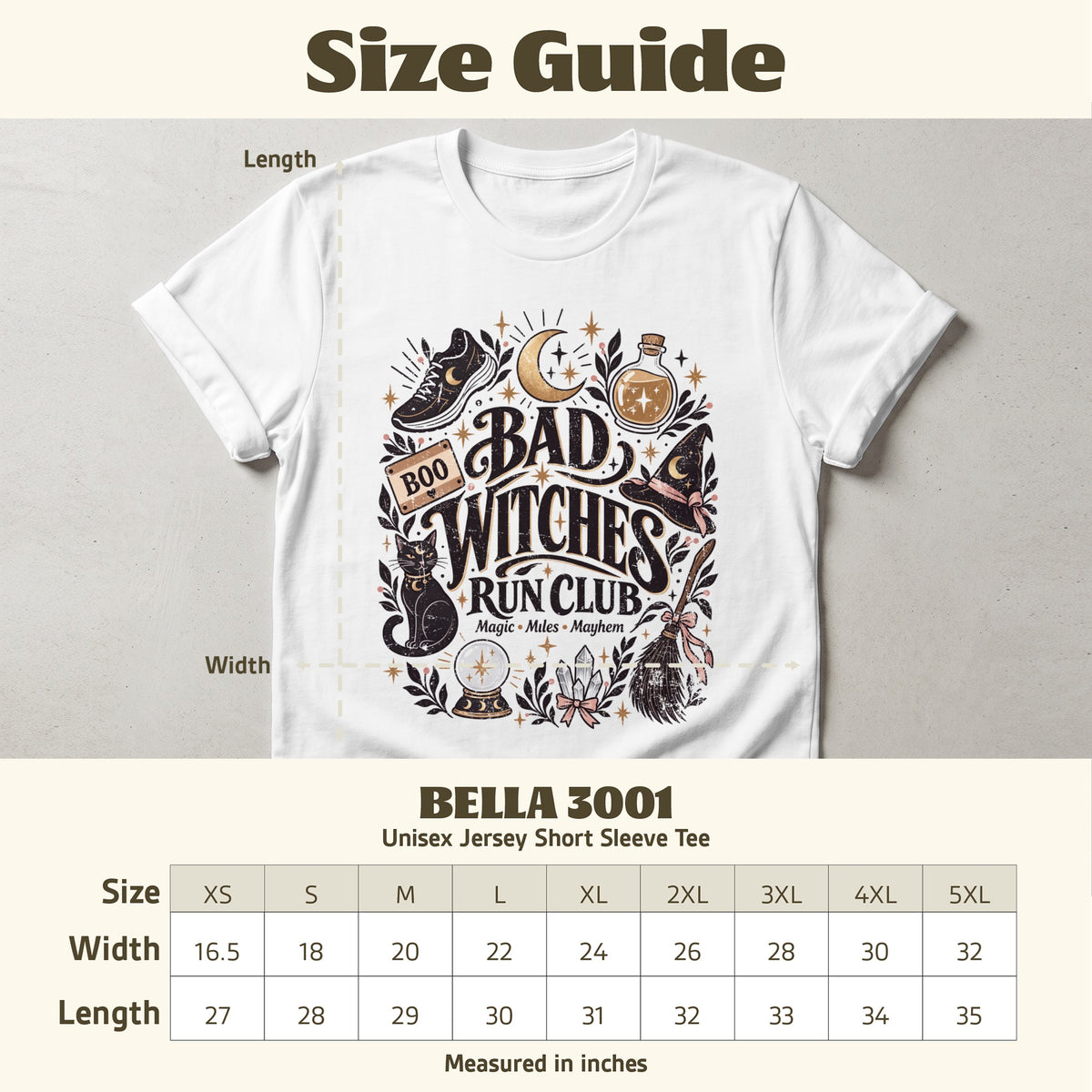White BELLA+CANVAS 3001 t-shirt with "Bad Witches Run Club" graphic and size chart.
