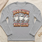 Three cartoon ghosts in running shoes, with text "Boo Crew Run Club".