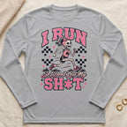 Skeleton runner graphic with text "I RUN So I Dont Lose My SH*T" on grey shirt.
