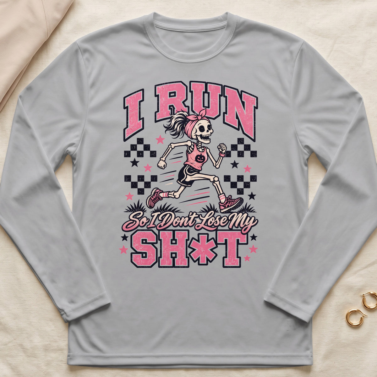 Skeleton runner graphic with text "I RUN So I Dont Lose My SH*T" on grey shirt.