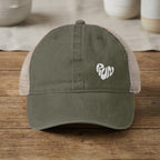 Olive green trucker hat with white "RUN" text embroidery on front panel.