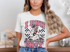 White t-shirt with skeleton runner graphic and text "I RUN So I Don't Lose My SH*T".