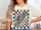Graphic tee with a checkered shoe and the text "never mess with a girl who runs half marathons for fun".