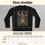 Black long sleeve tee with "The Long Run" graphic and size chart for Sport-Tek ST350LS.