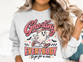 Ghosting everybody to go for a run graphic on a white sweatshirt.