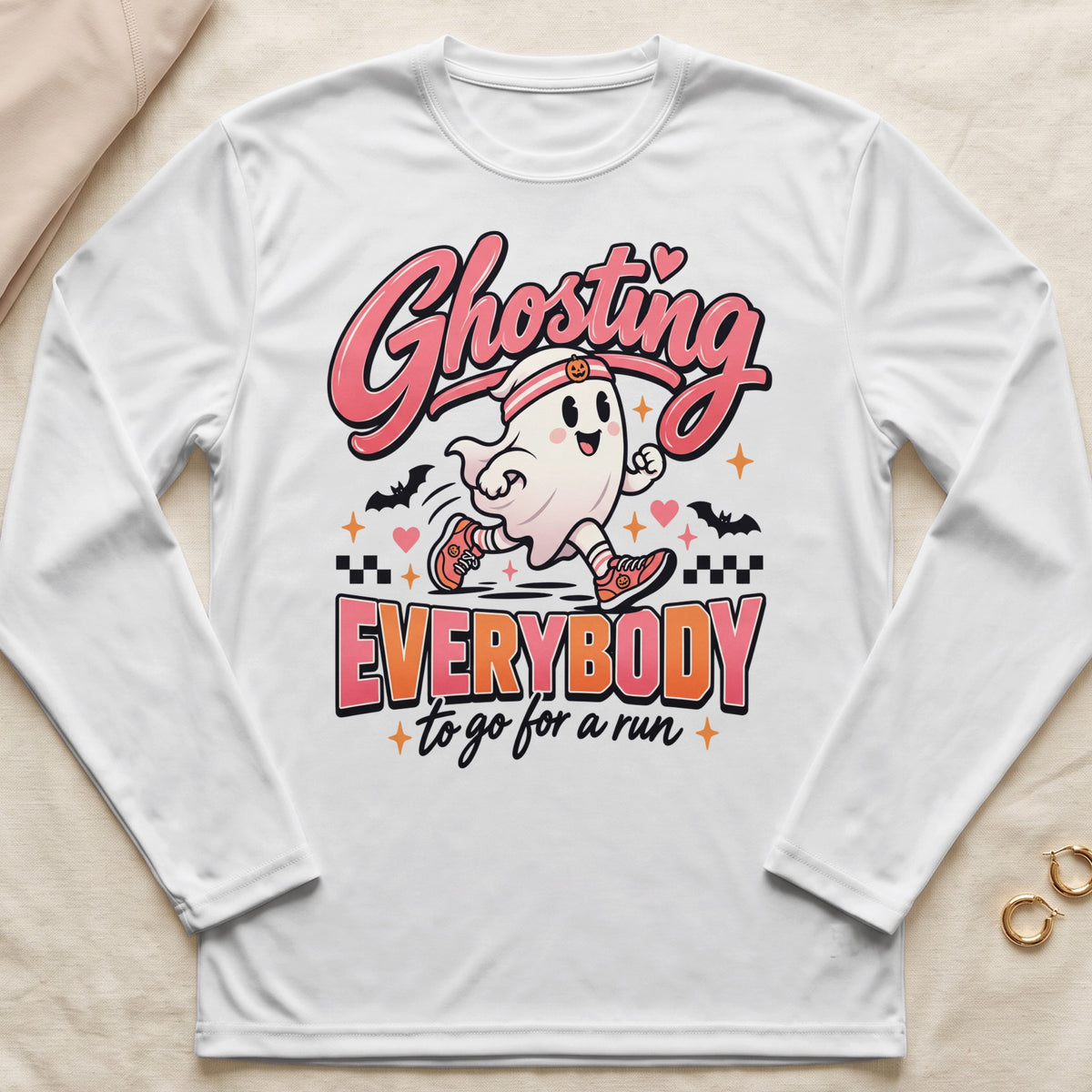 White long-sleeve shirt with ghost graphic saying "Ghosting Everybody to go for a run."