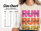 Unisex Bella + Canvas 3001 size chart with shirt graphic saying "Run for your body, mind, soul".