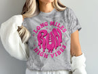 Gray marble tie-dye t-shirt with hot pink "LONG MILES RUN HIGH VIBES" text.