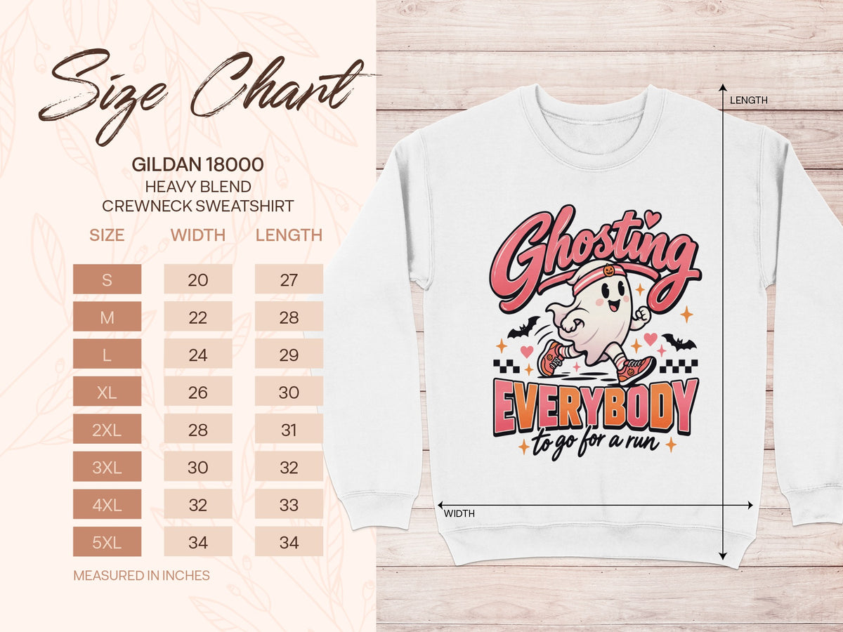 Gildan 18000 sweatshirt size chart with measurements and ghost graphic.